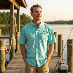 Columbia PFG Omni-Shade Short Sleeve Fishing Shirt Teal Blue Size L Outdoors